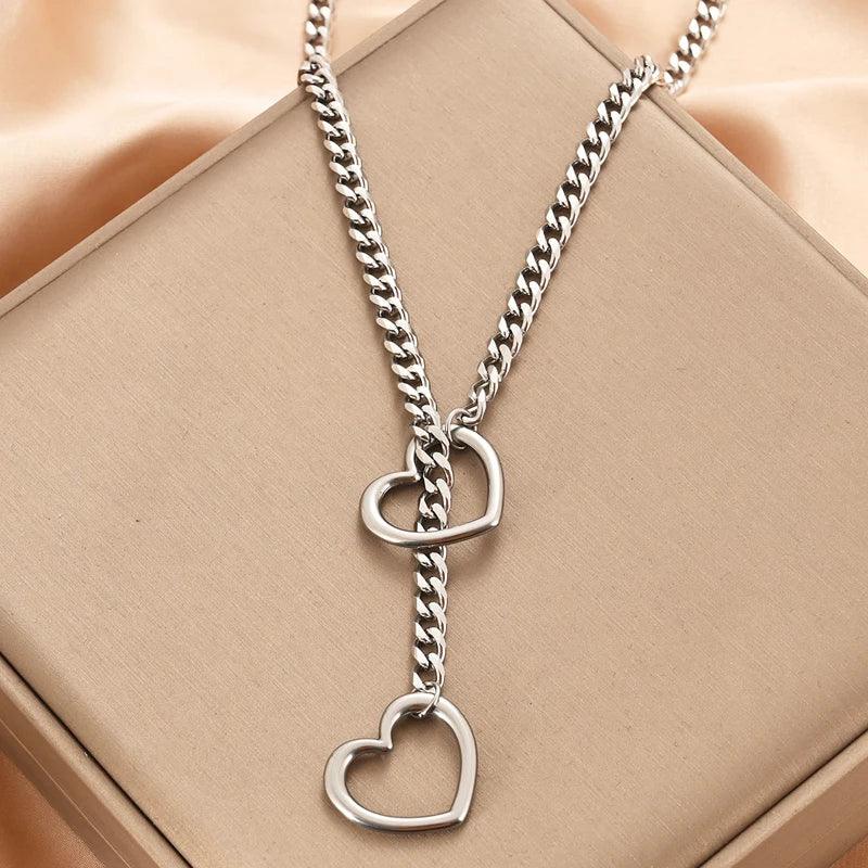 Womens Heart O-Ring Slip Chain Necklace Punk Rock Stainless Steel Cuban Long Necklace Jewelry, Adjustable Lariat Y-Necklace - CRAVO ROSE