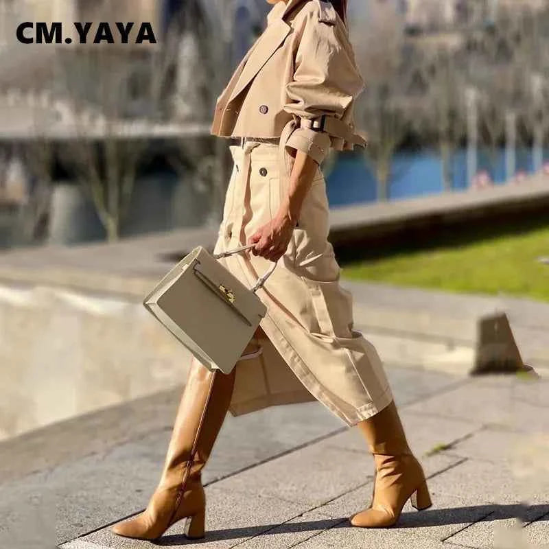 CM.YAYA Street Chic Women's Set Button Belt Long Sleeve Jackets and Cargo Skirts Suits Spring Two 2 Piece Set Outfit Tracksuit