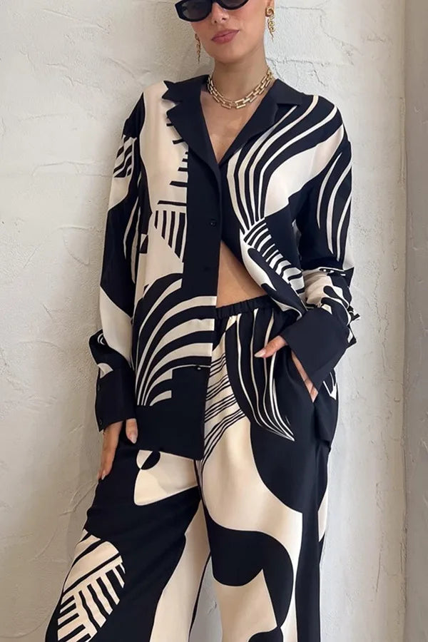 Casual Print Shirt Women 2 Piece Set Elegant Loose Long Sleeve Shirts Wide Leg Pants Female Suit 2024 Summer Fashion Lady Outfit