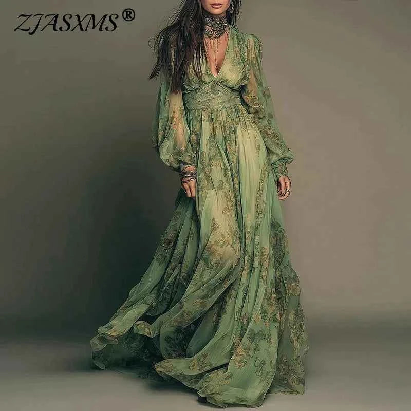 Elegant Green Floral Print Chiffon Maxi Dress Spring Sexy Deep V Neck High Waist Long Dress New Summer Bohemian Beach Maxi Dress