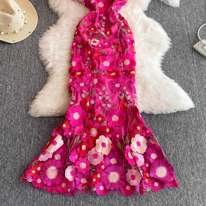 Summer High-end Embroidery Lace Prom Dress Women French Luxury 3D Flower Short Sleeve Long Dress Party Bodycon Holiday Vestido
