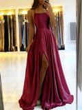 Vestido feminino Borgonha cetim maxi sexy fenda lateral alças ajustáveis