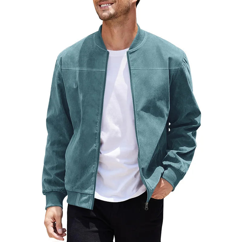 Men's Business Casual Suede Jacket Zipper Collar Warm Sporty Outerwear Polyester Fabric Long Sleeve round Hem Knitted Sleeve