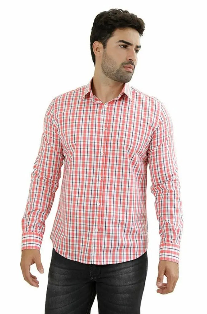 Men's Shirt L Sleeve Slim Fit Plaid Red/Br/Pto