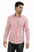 Men's Shirt L Sleeve Slim Fit Plaid Red/Br/Pto