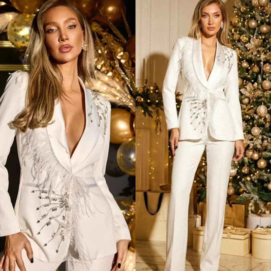 Elegant Feather Women Suits One Button Long Sleeve Pant Sets Beaded 2 Pieces Birthday Party Customized Outfits