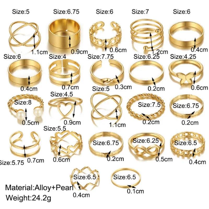 22pcs Gold Color Rings Set for Women Vintage Geometric Irregularity Cross Pearl Finger Stainless Steel Ring Fashion Jewelry Gift - CRAVO ROSE