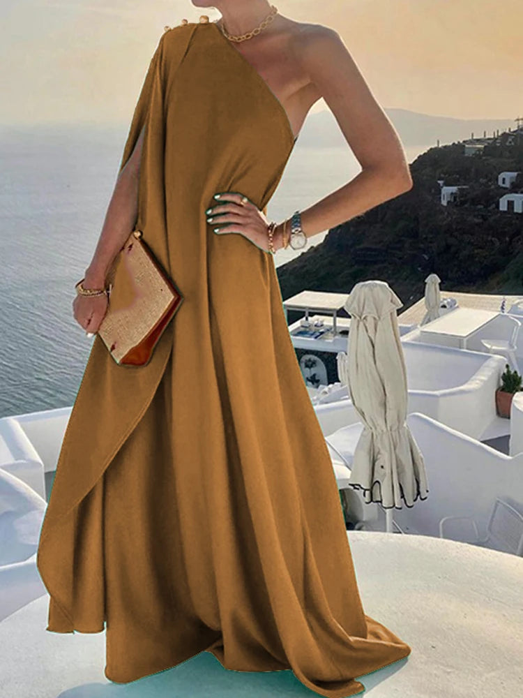 Women Sexy Off Shoulder Boho Long Dress Elegant One Shoulder Loose Party Dress 2022 Summer Fashion Button Solid Beach Maxi Dress