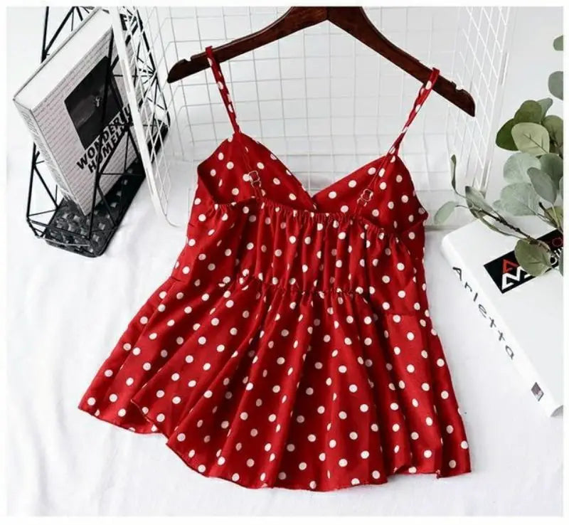Red Polka Dot Print Chiffon Short V-Neck Sleeveless Sexy Pullover Women's Blouse Shirt Korean Fashion Female Clothing Tops 2024