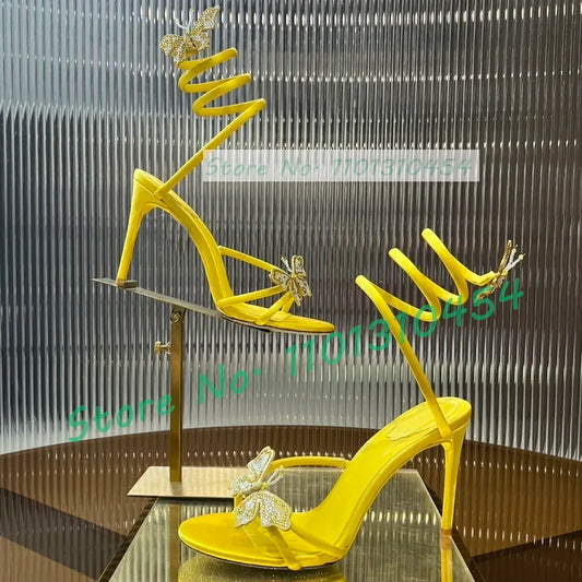 Sandálias femininas de cobra, borboleta amarela, dedo aberto, estilete de cristal, salto alto, sapatos luxuosos de couro de vaca, lindo na moda - CRAVO ROSE