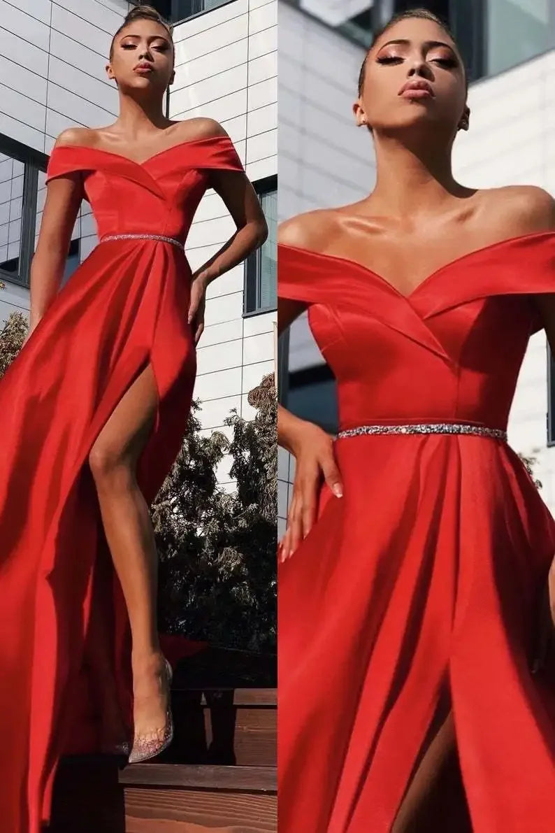 Popular Elegant Long Gowns Red A-Line Formal Party Evening Dresses V Neck Sexy Strapless Slit Satin Women's Wedding Dresses