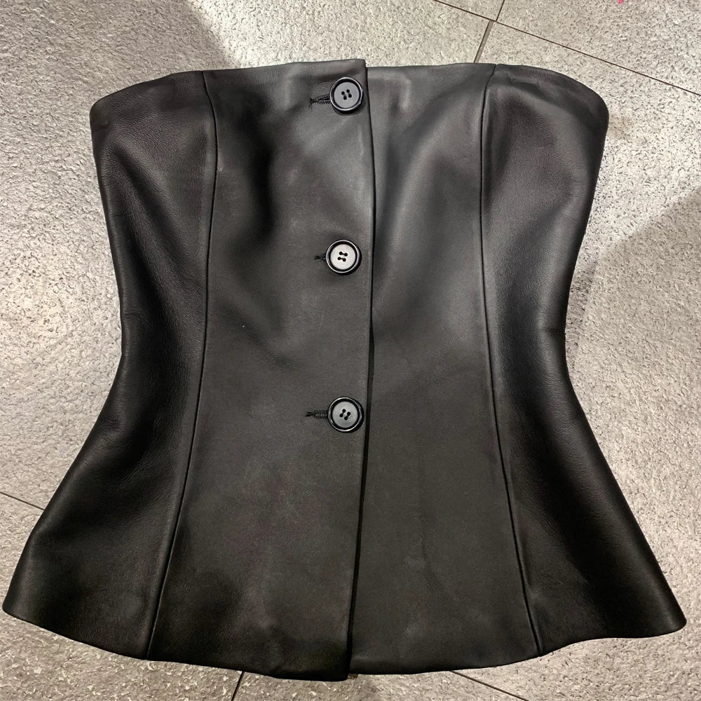 Novo top de couro legítimo feminino para primavera, sutiã de couro legítimo