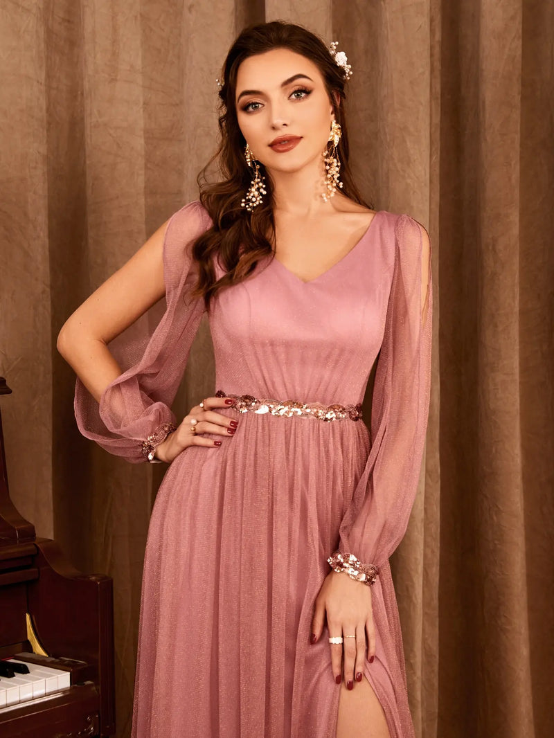 Vestido decote em V apliques de gaze fenda elegante Vestido de noite Vestido de baile Vestido de festa Vestido de dama de honra