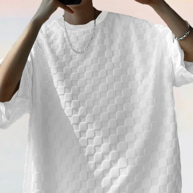 Conjunto de shorts casuais de perna reta e tamanho grande, camiseta xadrez jacquard de manga curta para homens, verão 2025