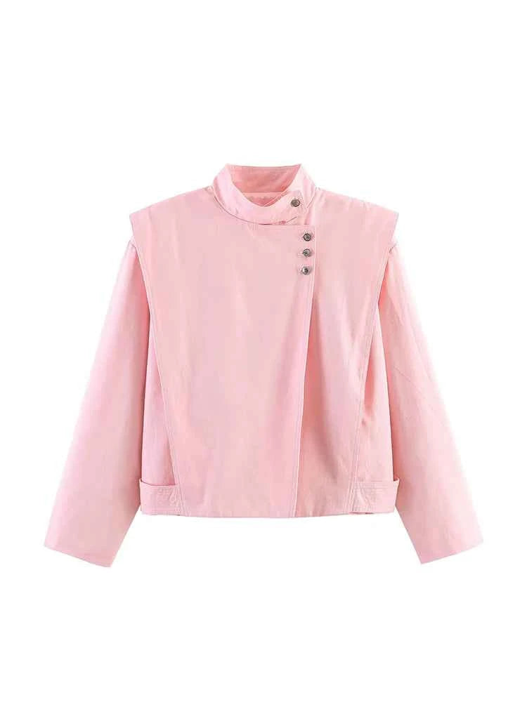 TFMLN Women Pink Stand-up Collar Jacket 2026 Trendy High Street Elegant Single-breasted Loose Coat Female Chic Outerwear ﻿