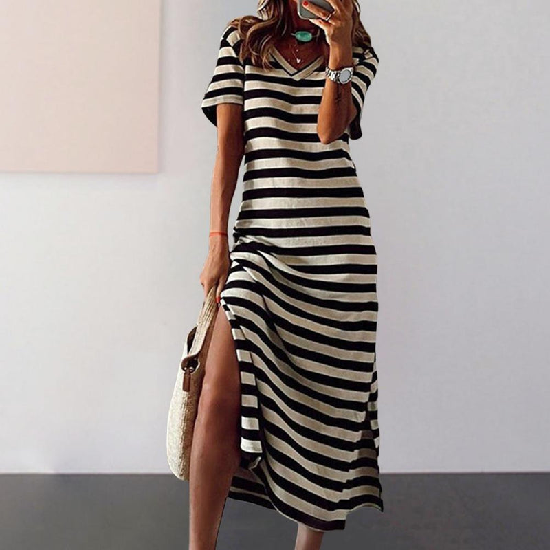 Vestidos Plus Size Vestidos Para Mulheres Casual Listra Estampa Decote Em V Manga Curta Solto Vestido Longo Robe Femme