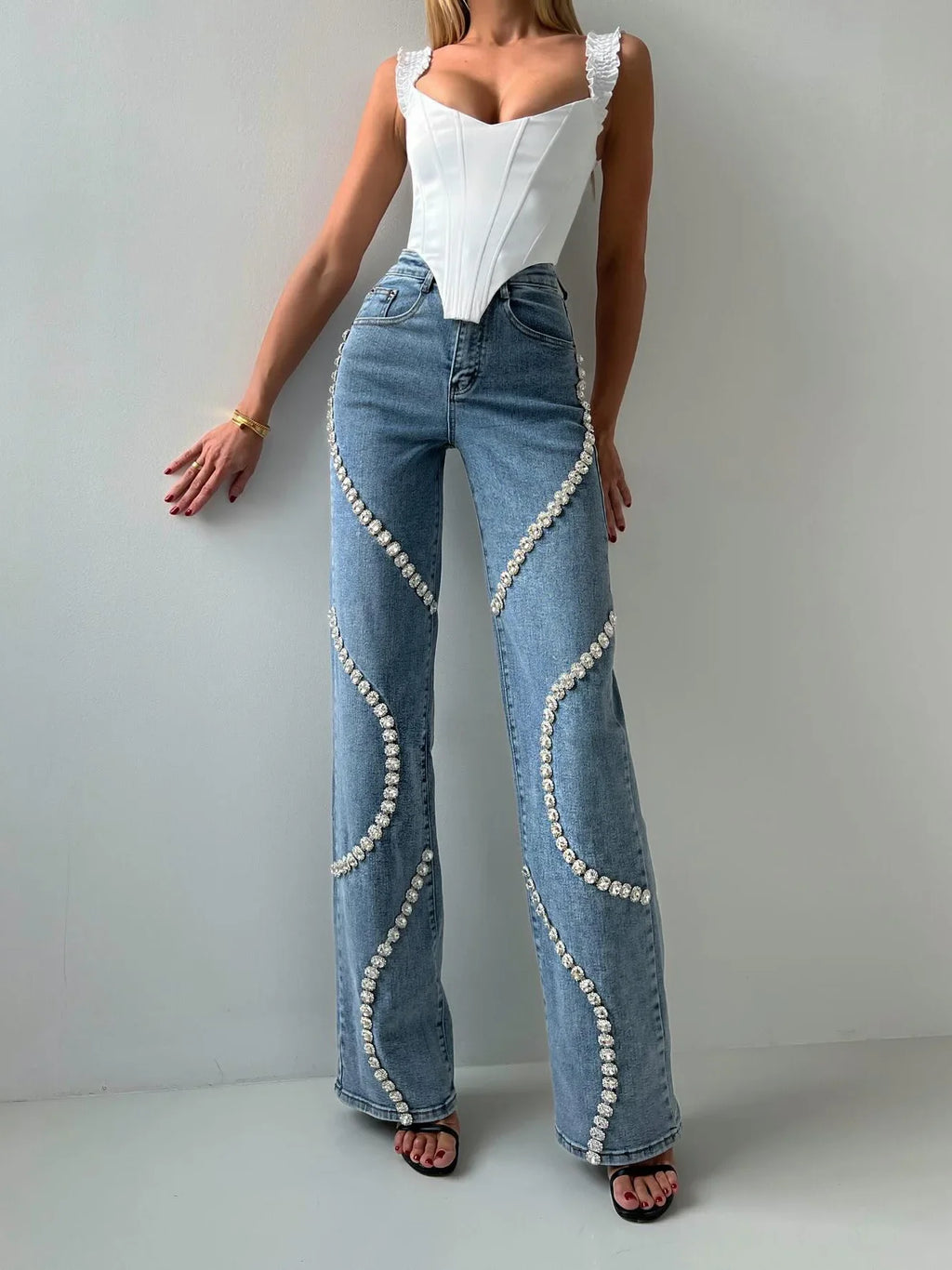 Calças jeans com strass e design para nichos, calças retas e soltas, calças casuais e versáteis