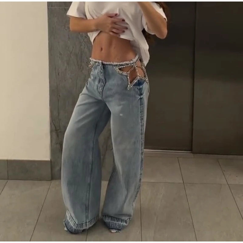 Y2k Hot Fix Rhinestone Cutout Women's Jeans Summer Street Low-rise Wide Leg Loose Denim Pants Lady New Fashion Party Trousers