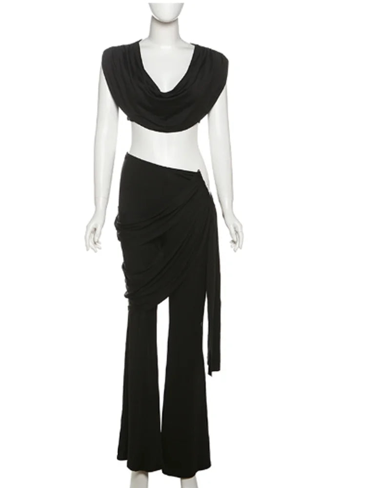 Nibber Pleats Elegant 2 Piece Set Women Sexy Low Neck Sleeveless Crop Tops+Irregular Waist Tassel Straight pants Fashion Suit