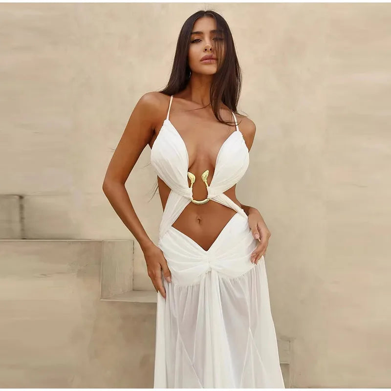 Vestidos longos sensuais vazados  plissados, chiques, decote em V, frente única, sem mangas, costas nuas, linha A
