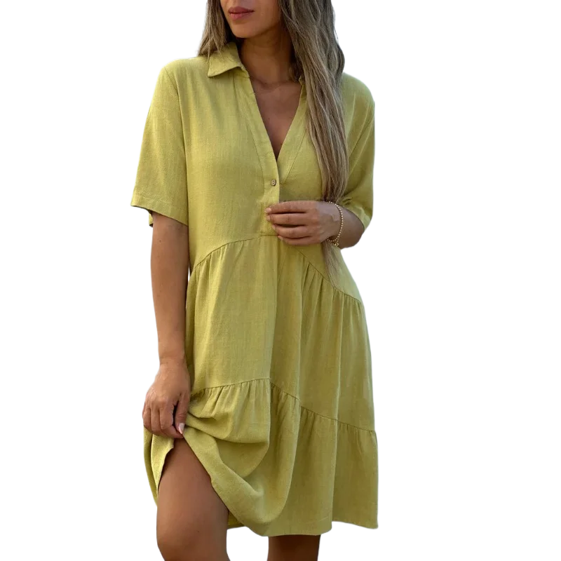 Vestido casual com lapela e babados, linha A, para férias na praia, solto, liso, de algodão e linho, manga curta