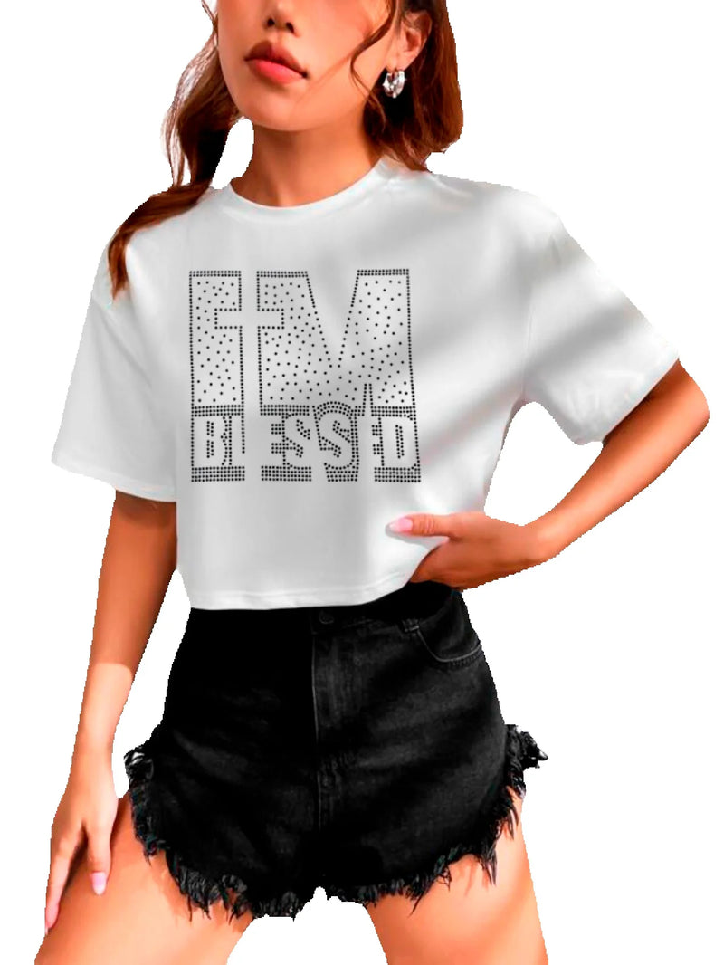 Cropped Oversize With Rhinestone Letter Pattern T-shirt Crop