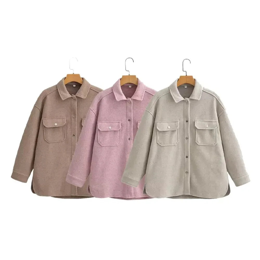 Casaco de lã feminino elegante e casual versátil de manga comprida e abotoamento simples