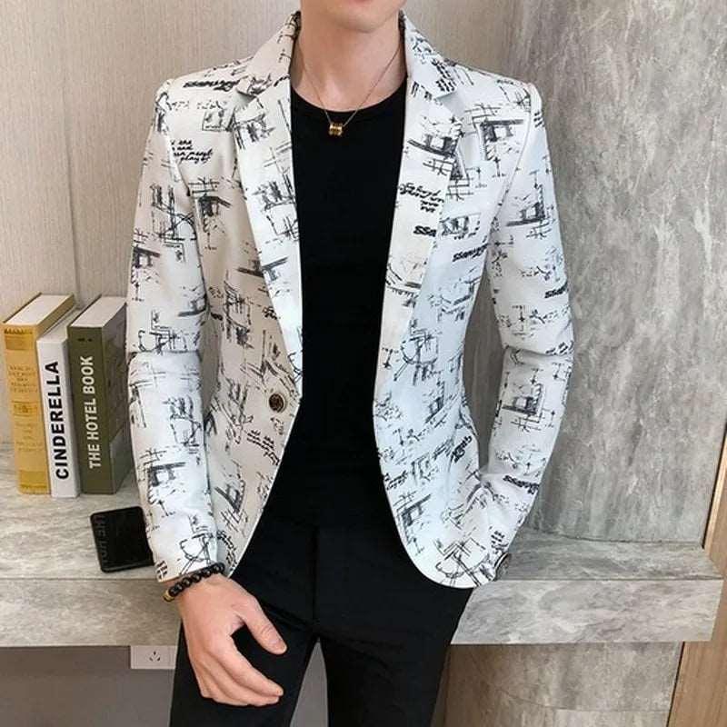 Blazer masculino 2024 primavera moda de alta qualidade versão coreana do impresso fino formal festa de casamento baile terno jaqueta