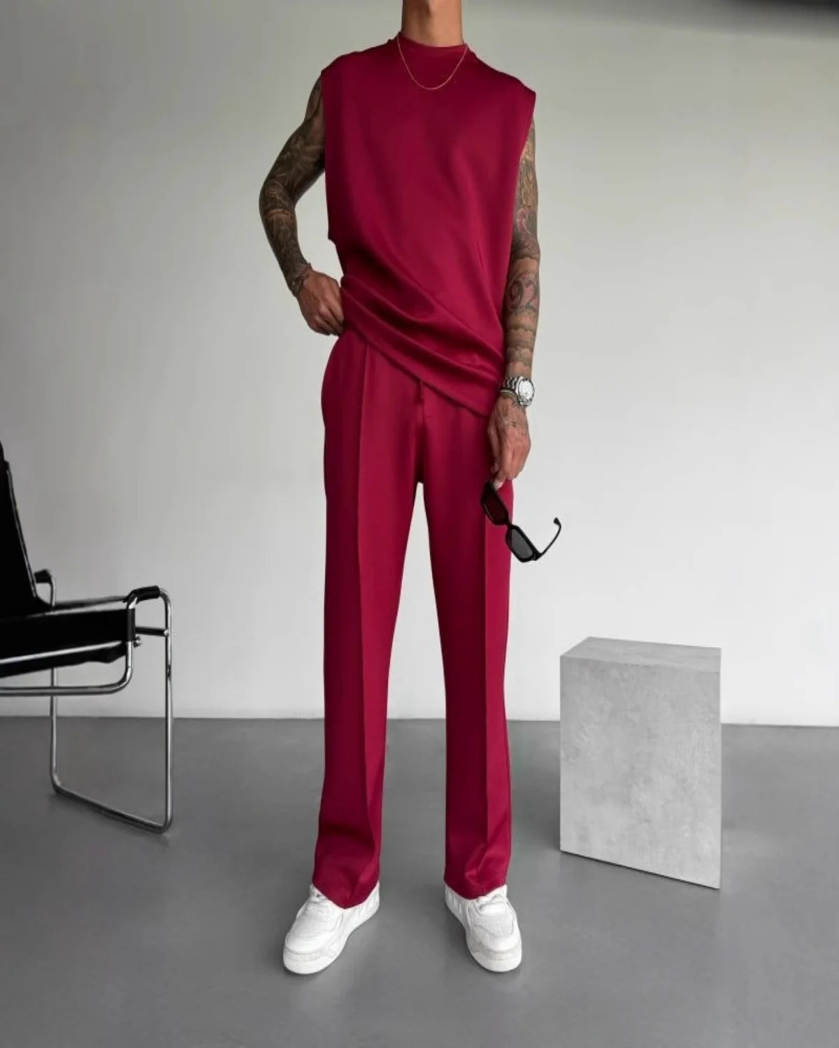 Terno esportivo sem mangas 2025 calças casuais masculinas de cor sólida, colete de roupas masculinas, conjunto de duas peças