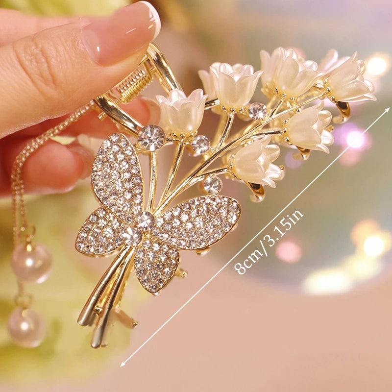 Light Luxury Rhinestone Bell Orchid Tassel Hair Clip Flowers Rose Butterfly Claw Clip Shark Hair Claw Barrette Hair Accessories