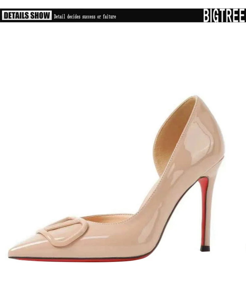 European Banquet Pointed V-Buckle High Heels Thin Heel Patent Leather Side Air Quality Women's Shoes Fashionable And Elegant