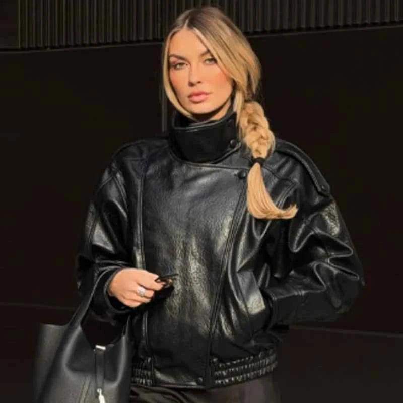 HXAO New Arrival Women's Bomber Jacket Leather Black Jackets Cropped Oversize Outerwears Zip-Up Long Sleeve Coats Outdoor Jacket