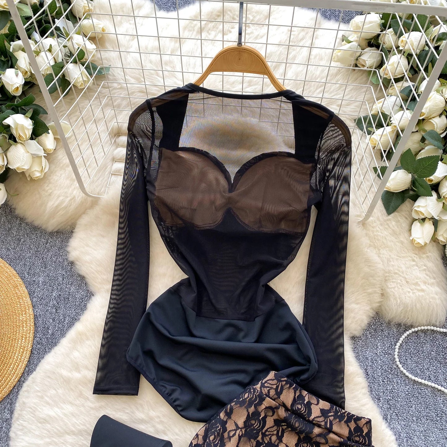 SINGREINY Sexy Floral Lace Suit Mesh Sheer Slim Bodysuit+Ruffles Mini Mermaid Skirt Ladies Retro Luxury Ball Party 2 Pieces Sets