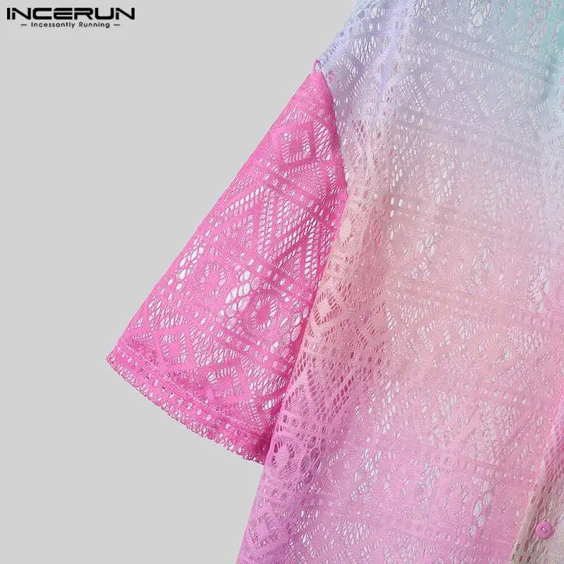 Conjuntos masculinos  de renda transparente com tie-dye, lapela degradê, camisa de manga curta e shorts, 2 peças,  urbana, ternos