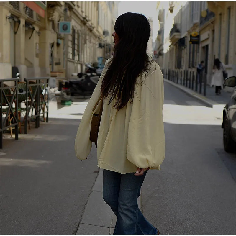 Blusa de chiffon com babados e manga comprida, blusa feminina casual solta, gola V, manga comprida, blusa de rua, primavera/verão 2025