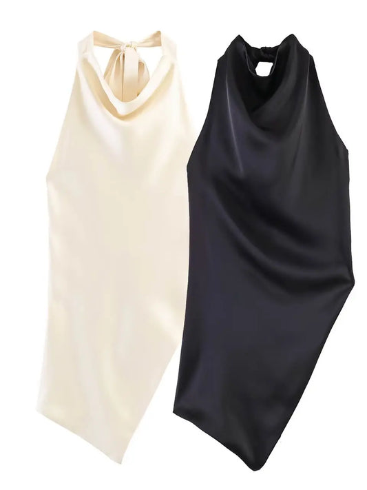 Spring New Women's  Knot Belted Asymmetrical Hem Neck Hanging Collar Top Loose Fit Other Material 100% Short Length
