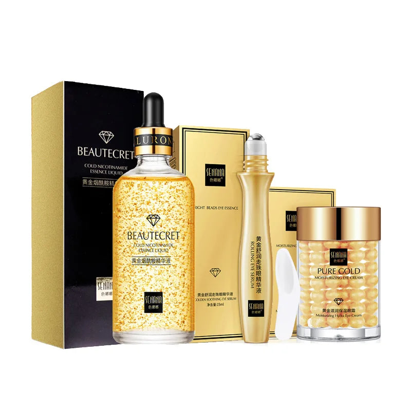 Conjunto de cuidados com a pele 24K Gold Niacinamida Soro Facial Antienvelhecimento Produtos para a Pele Remover Olheiras Creme de Colágeno para os Olhos Kit de Cuidados com a Pele