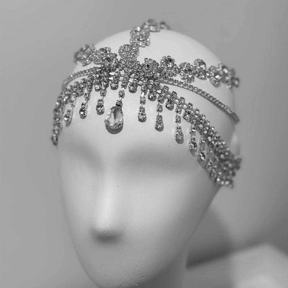 Indian Multilayer Tassel Headband Tiara Bridal Hair Accessories Elegant Headwear Queen Rhinestone Head Chain Hat Party for Women
