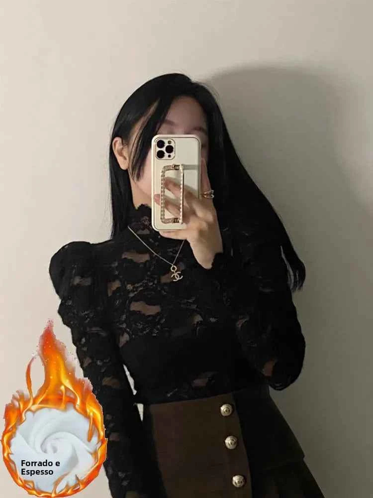 Fleece Lined Lace Base Shirt Women's Autumn Winter Hollow out Mesh Top Trendy Commute Style High Neck Long Sleeve  Color