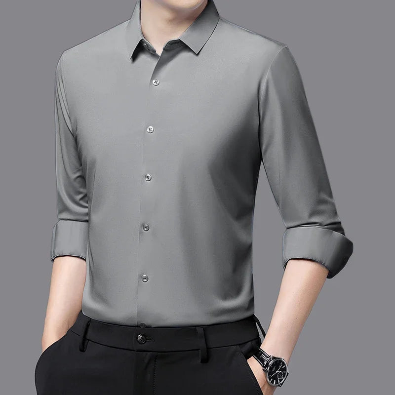 Camisa masculina premium ultraelástica - Camisa formal de manga comprida de seda de alta qualidade para uso social e casual