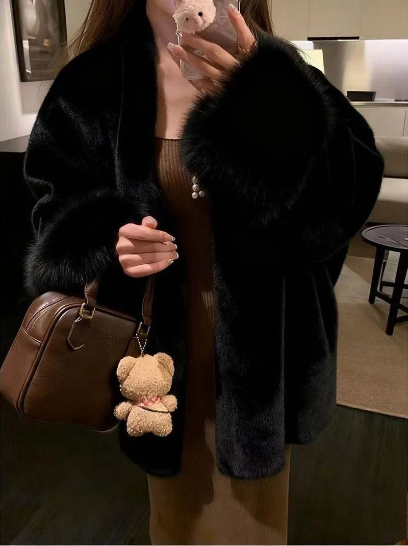 Faux Mink Fur Coat for Women Winter Thick Loose Hairy Casual Jacket Y2K Fashion Streetwear Long Sleeve Warm Fur Outerwear