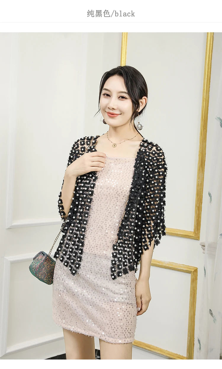 Women Beads Coat 2025 Summer Style Women Perspective Shawl Fashion Hollow Out Lace Boleros Short Sleeve Coats Jackets Femal