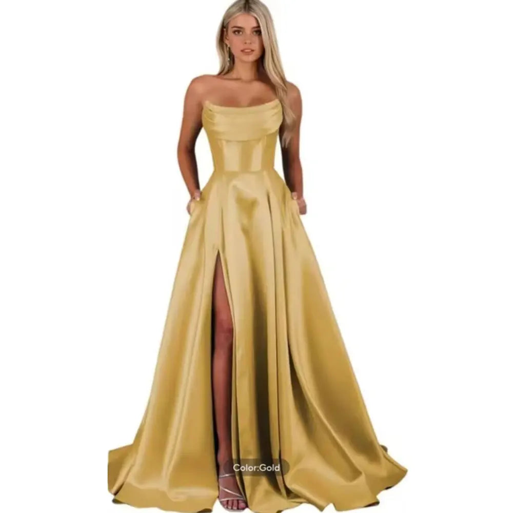 Vestido de Festa em Cetim com Bolsos, Tomara Que Caia e Modelagem Evasê
