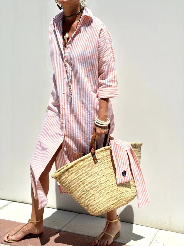 Autumn Long Sleeve Shirt Dress Elegant Belt Long Dress For Women 2024 Fashion Print Button Lapel Neck Casual Dresses Robe Femme