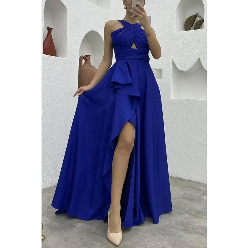 Elegant Fashion Sleeveless High Waist Hollow Out Ruffle Slit Evening Floor Length Dress Prom Gown Sexy Women Corset Party Dress - CRAVO ROSE