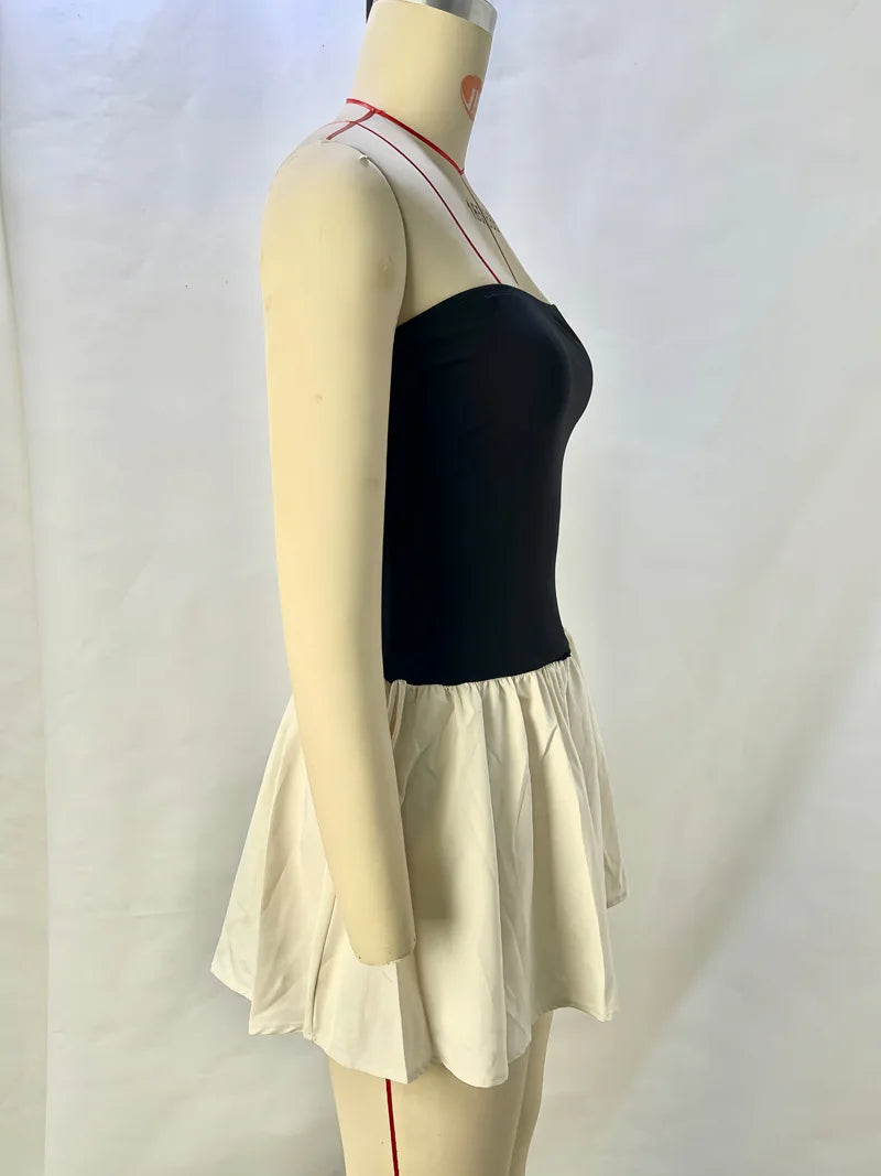 Slim Folds Tube Top Mini Dresses For Women Bodycon Backless Contrasting Colors Dresses Summer Sexy Off Shoulder Elegant Vestidos