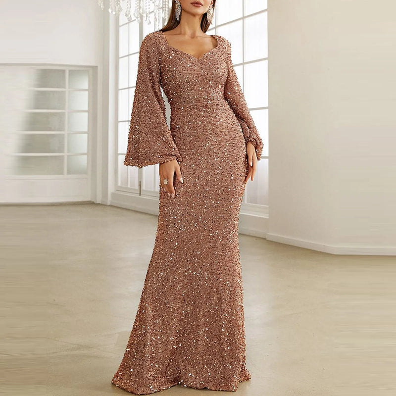 Sexy Wedding Bridesmaid Dress Women Sequin Long Flared Sleeve Maxi Dresses Elegant Evening Party Formal Gown Mermaid Vestidos