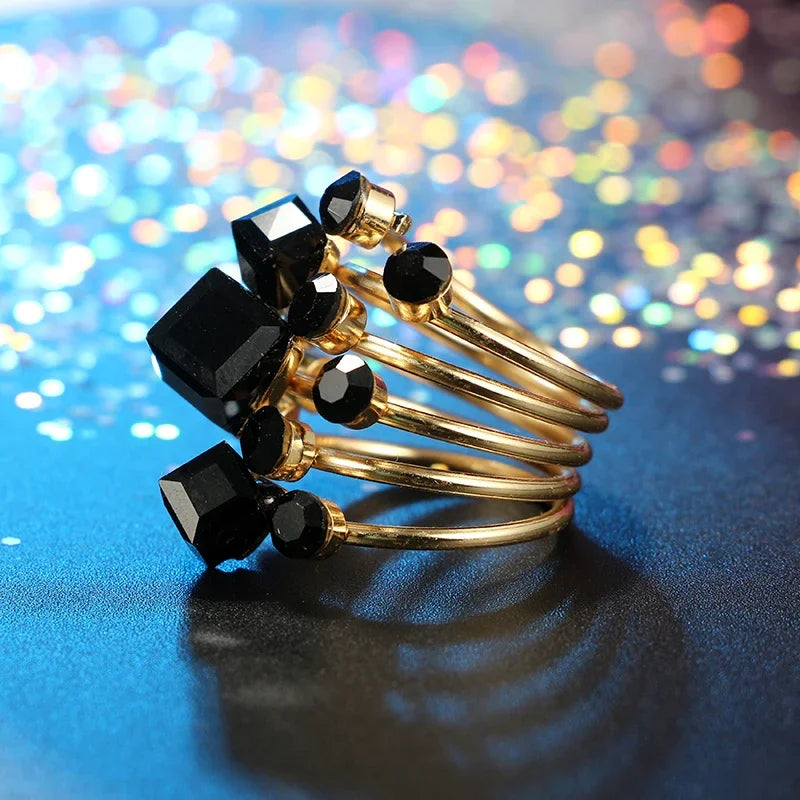 Tocona Punk Antique Black Crystal Stone Opening Joint Rings Set for Women Men Adjustable Gothic Statement Party Jewelry anillos