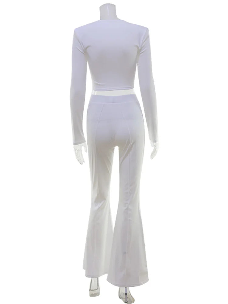 CNYISHE Long Sleeve U Neck Solid Fashion Women Sets 2-Pieces(Tops+Pants) Sheath Sexy Club Suits Fitness Casual Female Elegant