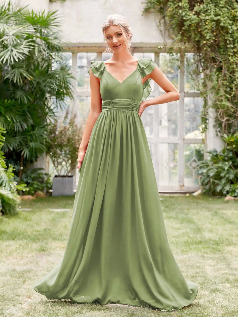 Vestido de noite longo com decote em V, manga curta, babados, renda, vestido de baile, vestido de festa, vestido de madrinha